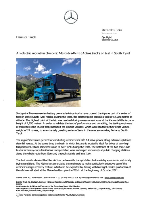 All-electric mountain climbers: Mercedes-Benz eActros trucks on test in South Tyrol