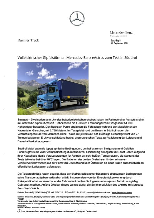 Vollelektrischer Gipfelstürmer: Mercedes-Benz eActros zum Test in Südtirol