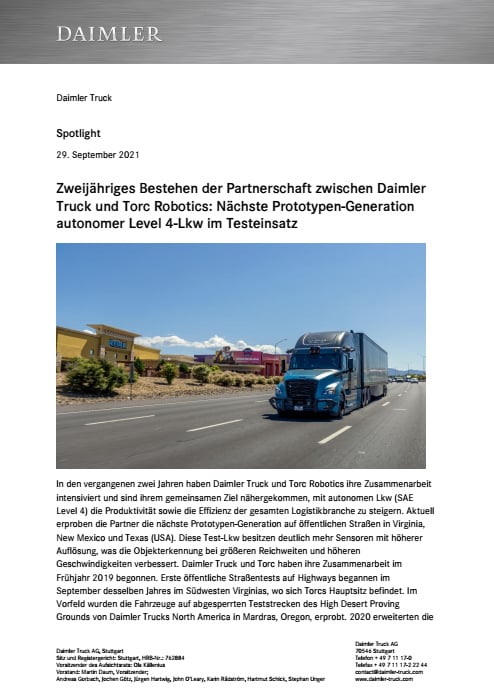 Zweijähriges Bestehen der Partnerschaft zwischen Daimler Truck und Torc Robotics: Nächste Prototypen-Generation autonomer Level 4-Lkw im Testeinsatz