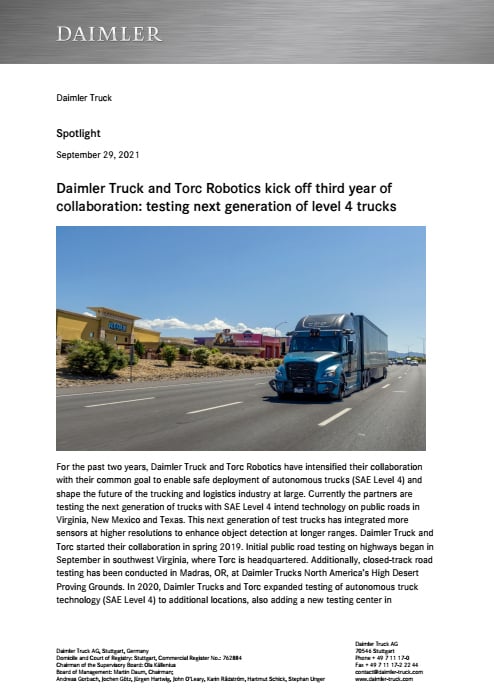 Daimler Truck and Torc Robotics kick off third year of collaboration: testing next generation of level 4 trucks
