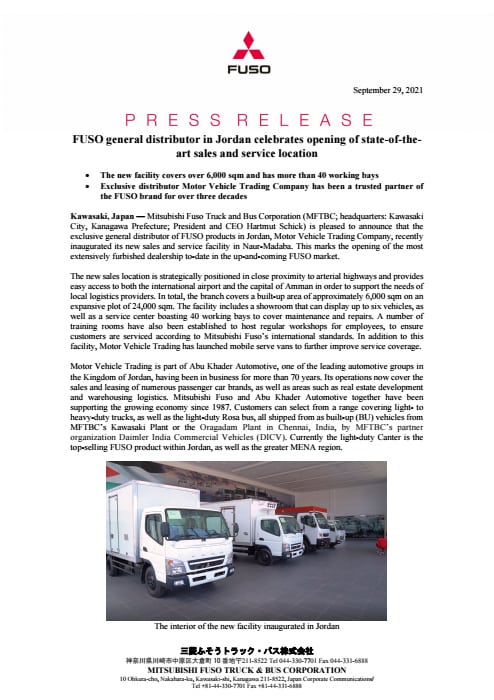 FUSO general distributor in Jordan celebrates opening of state-of-the-art sales and service location
