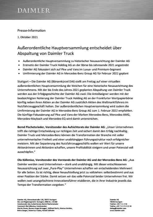 Außerordentliche Hauptversammlung entscheidet über Abspaltung von Daimler Truck