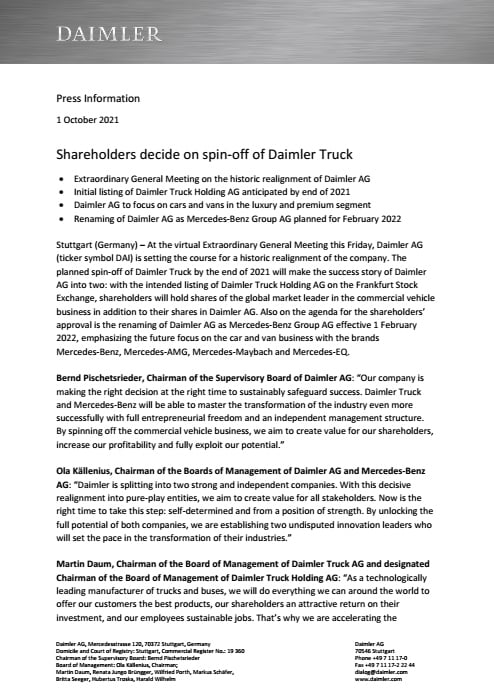 Shareholders decide on spin-off of Daimler Truck