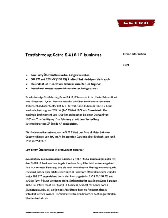 Testfahrzeug Setra S 418 LE business