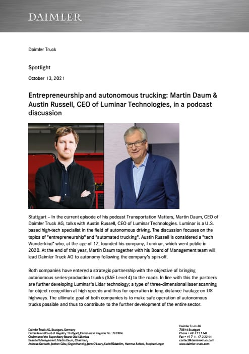Entrepreneurship and autonomous trucking: Martin Daum & Austin Russell, CEO of Luminar Technologies, in a podcast discussion