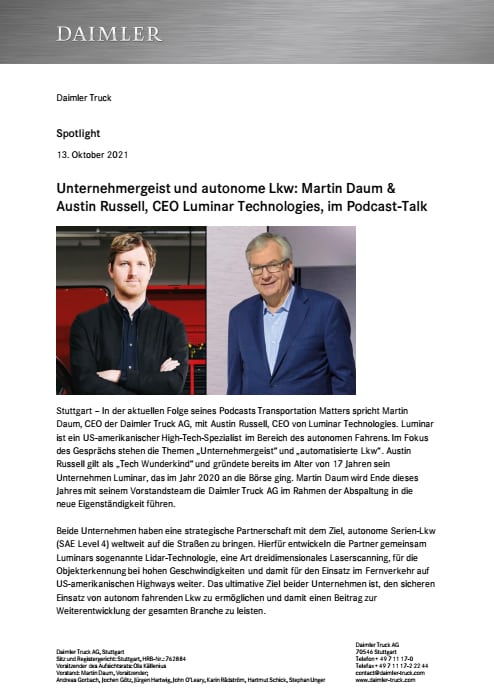 Unternehmergeist und autonome Lkw: Martin Daum & Austin Russell, CEO Luminar Technologies, im Podcast-Talk