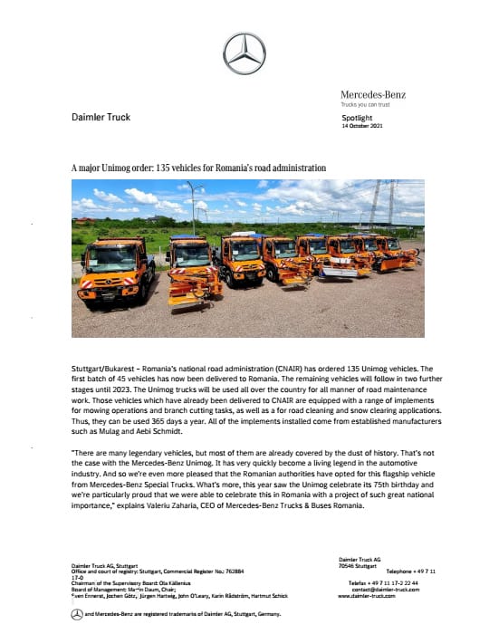 A major Unimog order: 135 vehicles for Romania's road administration