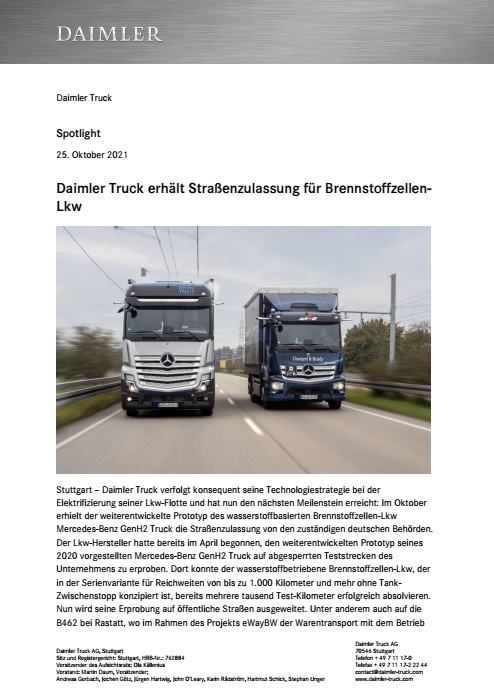 Daimler Truck erhält Straßenzulassung für Brennstoffzellen-Lkw