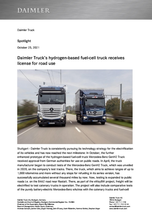 Daimler Truck’s hydrogen-based fuel-cell truck receives license for road use