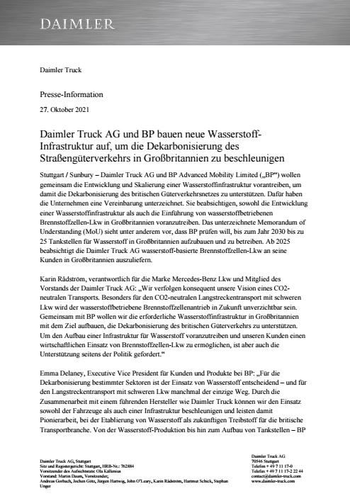 Daimler Truck AG und BP bauen neue Wasserstoff-Infrastruktur auf, um die Dekarbonisierung des Straßengüterverkehrs in Großbritannien zu beschleunigen