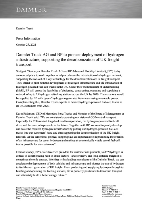 Daimler Truck AG and BP to pioneer deployment of hydrogen infrastructure, supporting the decarbonization of UK freight transport