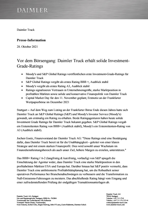 Vor dem Börsengang: Daimler Truck erhält solide Investment-Grade-Ratings