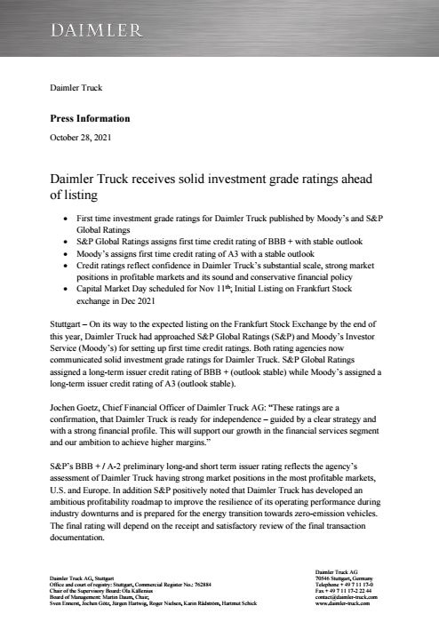 Daimler Truck receives solid investment grade ratings ahead of listing