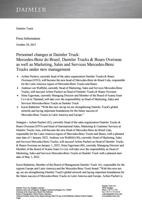 Personnel changes at Daimler Truck: Mercedes-Benz do Brasil, Daimler Trucks & Buses Overseas as well as Marketing, Sales and Services Mercedes-Benz Trucks under new management