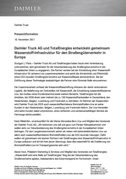 Daimler Truck AG und TotalEnergies entwickeln gemeinsam Wasserstoff-Infrastruktur für den Straßengüterverkehr in Europa