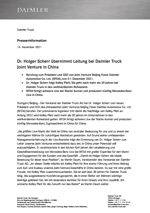 Dr. Holger Scherr übernimmt Leitung bei Daimler Truck Joint Venture in China