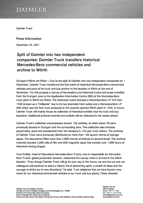 Split of Daimler into two independent companies: Daimler Truck transfers historical Mercedes-Benz commercial vehicles and archive to Wörth