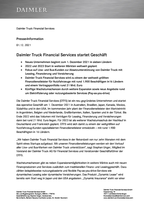Daimler Truck Financial Services starts business