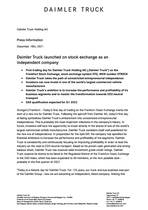 Daimler Truck launched on stock exchange as an independent company