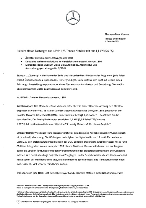 Daimler Motor-Lastwagen von 1898: 1,25 Tonnen Nutzlast mit nur 4,1 kW (5,6 PS)