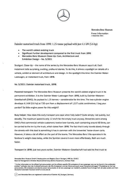Daimler motorised truck from 1898: 1.25-tonne payload with just 4.1 kW (5.6 hp)