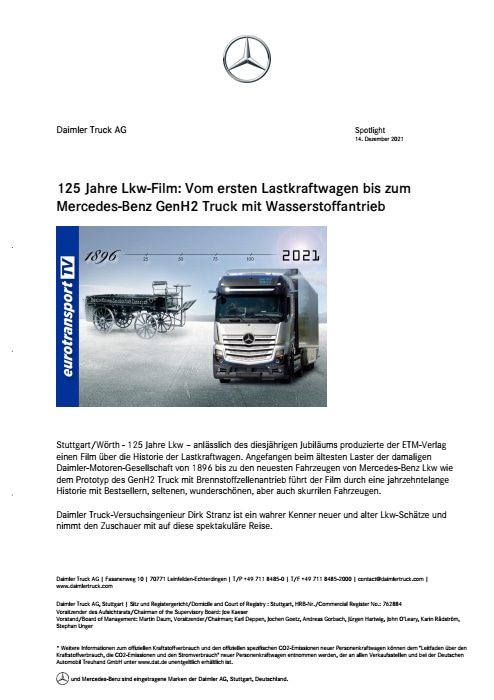 125 Jahre Lkw-Film: Vom ersten Lastkraftwagen bis zum Mercedes-Benz GenH2 Truck mit Wasserstoffantrieb