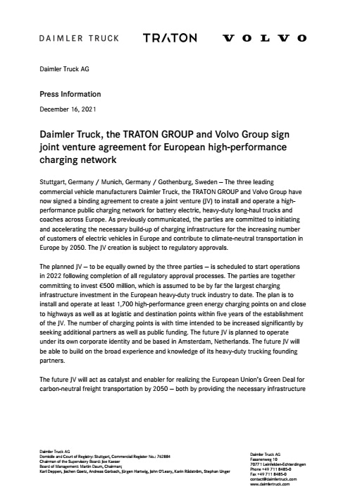 Daimler Truck, the TRATON GROUP and Volvo Group sign joint venture agreement for European high-performance charging network