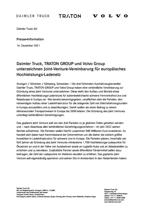 Daimler Truck, TRATON GROUP und Volvo Group unterzeichnen Joint-Venture-Vereinbarung für europäisches Hochleistungs-Ladenetz