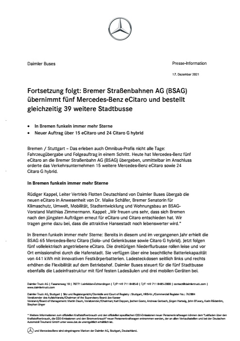 Fortsetzung folgt: Bremer Straßenbahnen AG (BSAG) übernimmt fünf Mercedes-Benz eCitaro