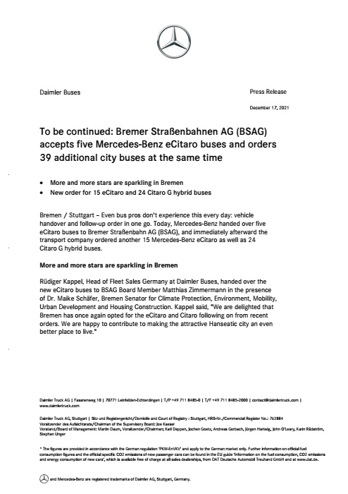 To be continued: Bremer Straßenbahnen AG (BSAG) accepts five Mercedes-Benz eCitaro
