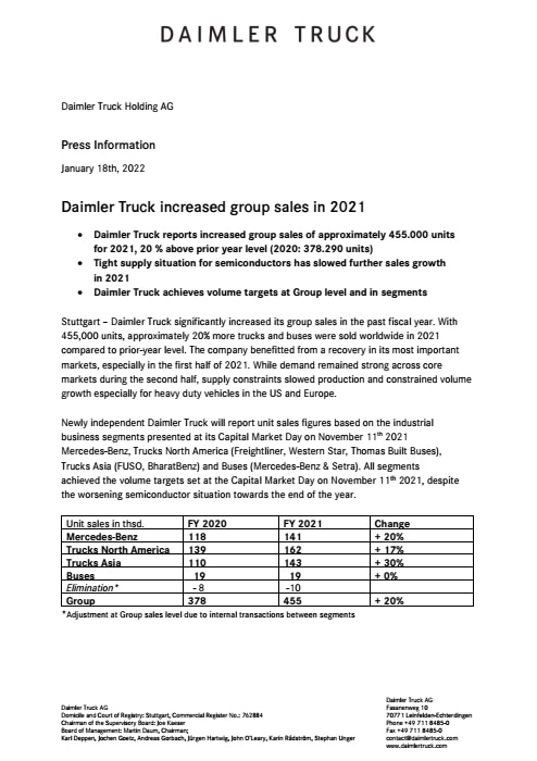 Daimler Truck increased group sales in 2021