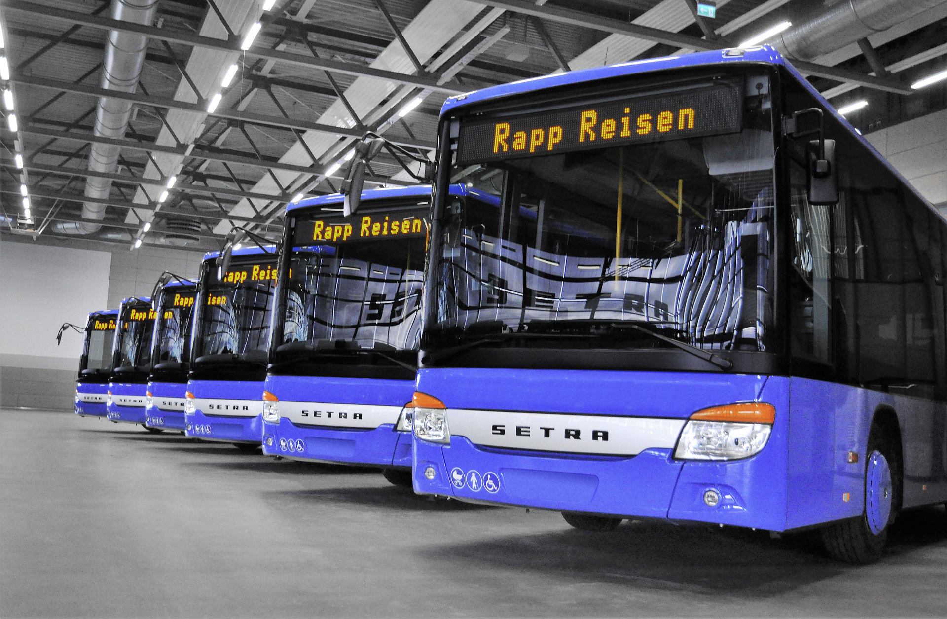 Sechs der insgesamt sieben Setra Low Entry Busse des Busunternehmens Albert Rapp Autoverkehr. 35 Setra für drei Unternehmen