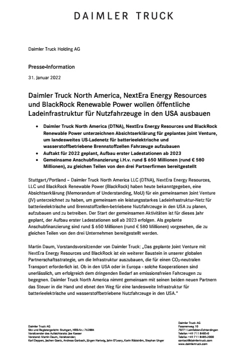 Daimler Truck North America, NextEra Energy Resources und BlackRock Renewable