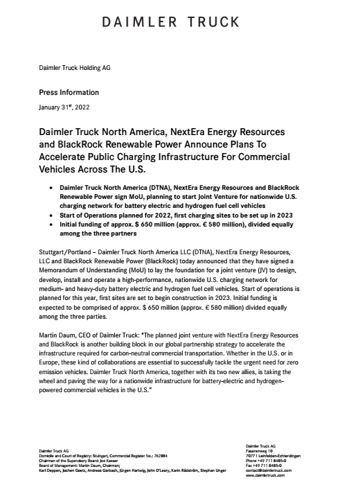 Daimler Truck North America, NextEra Energy Resources and BlackRock Renewable Power