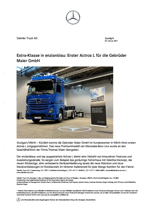 Extra-Klasse in enzianblau: Erster Actros L für die Gebrüder Maier GmbH
