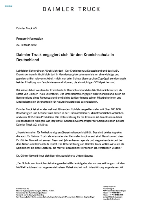Daimler Truck engagiert sich für den Kranichschutz in Deutschland