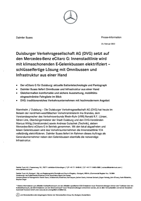 Duisburger Verkehrsgesellschaft AG (DVG) setzt auf den Mercedes-Benz eCitaro G