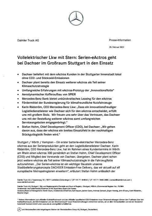 Vollelektrischer Lkw mit Stern: Serien-eActros geht bei Dachser im Großraum Stuttgart in den Einsatz