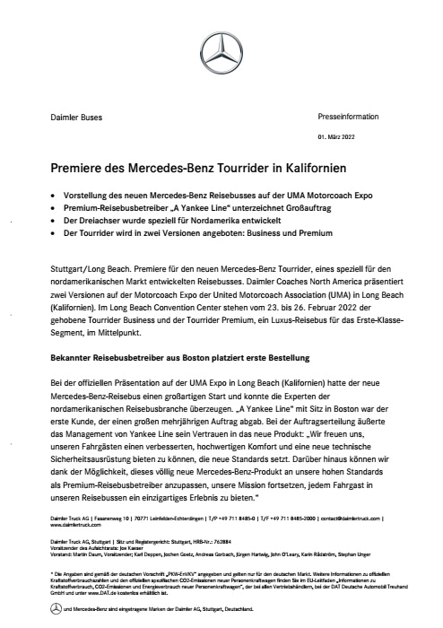 Premiere des Mercedes-Benz Tourrider in Kalifornien