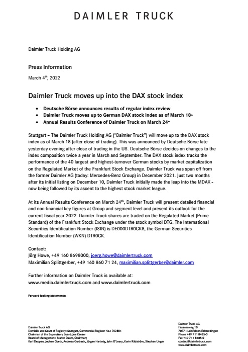 Daimler Truck moves up into the DAX stock index