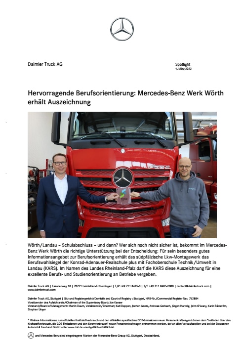 Hervorragende Berufsorientierung: Mercedes-Benz Werk Wörth erhält Auszeichnung