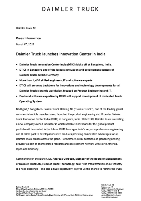 Daimler Truck launches Innovation Center in India