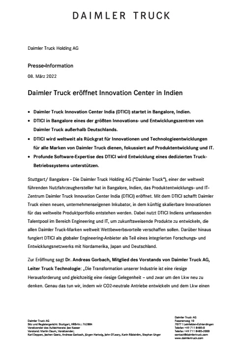 Daimler Truck eröffnet Innovation Center in Indien