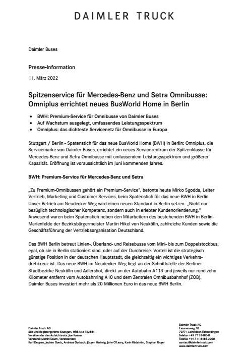 Spitzenservice für Mercedes-Benz und Setra Omnibusse: Omniplus errichtet neues BusWorld Home in Berlin