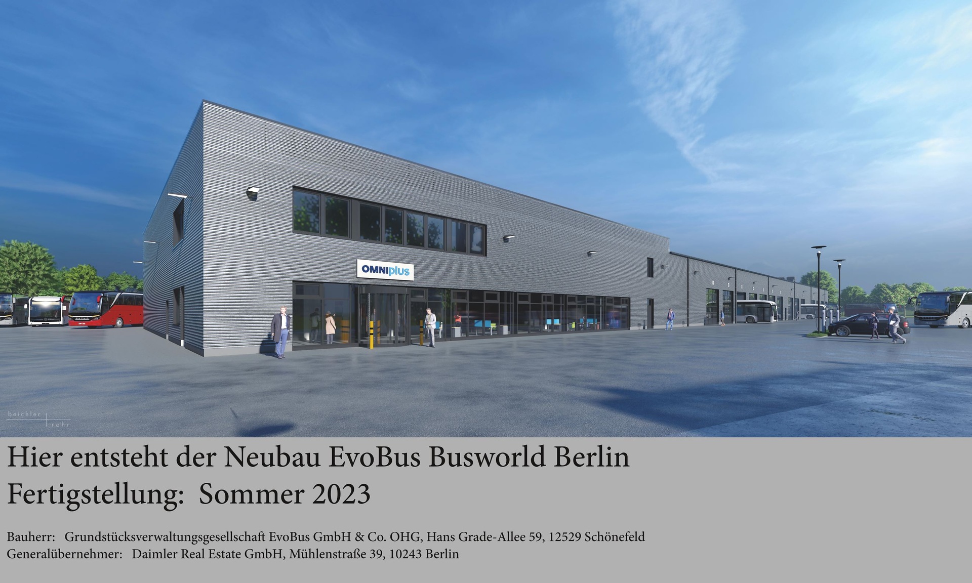 Bauschild Spitzenservice für Mercedes-Benz und Setra Omnibusse: Omniplus errichtet neues BusWorld Home in Berlin