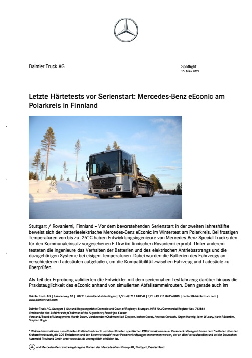 Letzte Härtetests vor Serienstart: Mercedes-Benz eEconic am Polarkreis in Finnland