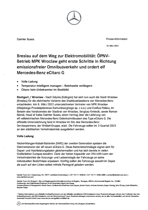 Breslau auf dem Weg zur Elektromobilität: ÖPNV-Betrieb MPK Wroclaw geht erste Schritte in Richtung  emissionsfreier Omnibusverkehr und ordert elf Mercedes-Benz eCitaro G