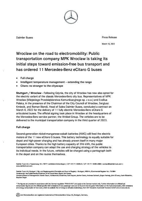 Wroclaw on the road to electromobility: Public transportation company MPK Wroclaw is taking its initial steps toward emission-free bus transport and has ordered 11 Mercedes-Benz eCitaro G buses