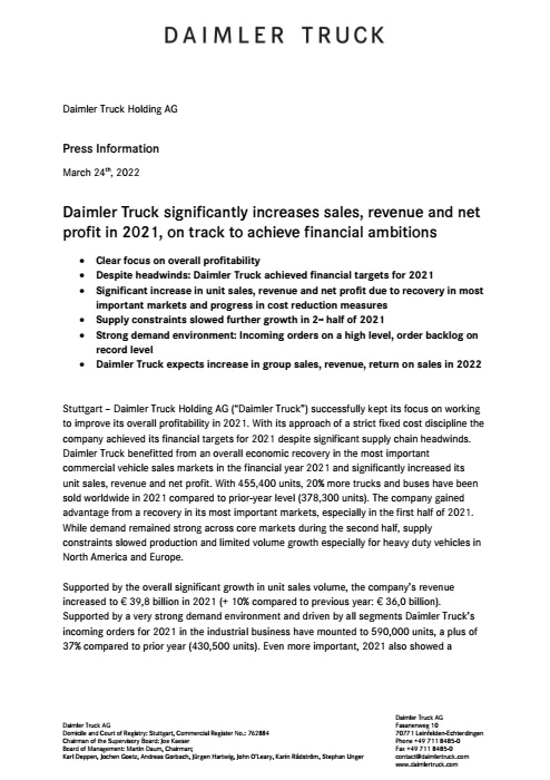 Daimler Truck significantly increases sales, revenue and net profit in 2021, on track to achieve financial ambitions