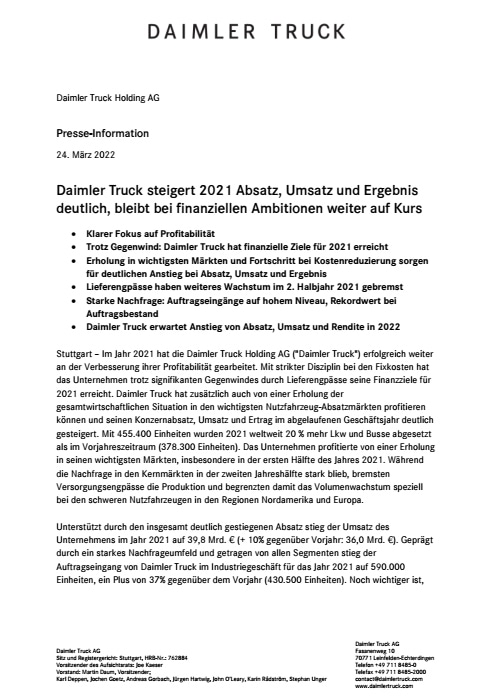 Daimler Truck steigert 2021 Absatz, Umsatz und Ergebnis deutlich, bleibt bei finanziellen Ambitionen weiter auf Kurs